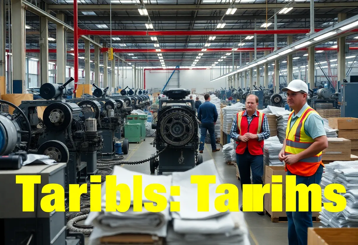 Illustration of a distressed manufacturing environment affected by tariffs.