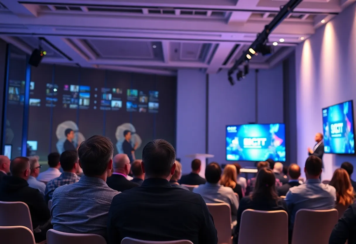 Audience engaged in performance marketing presentation at a conference.