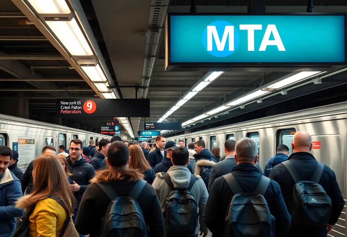 Commuters at a New York City subway station with MTA signage