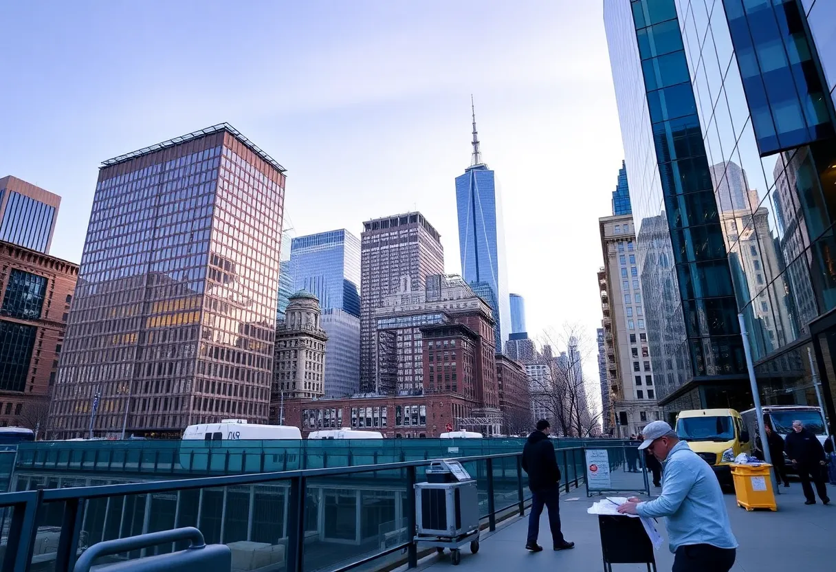 A bustling business district in New York City highlighting entrepreneurial activities.