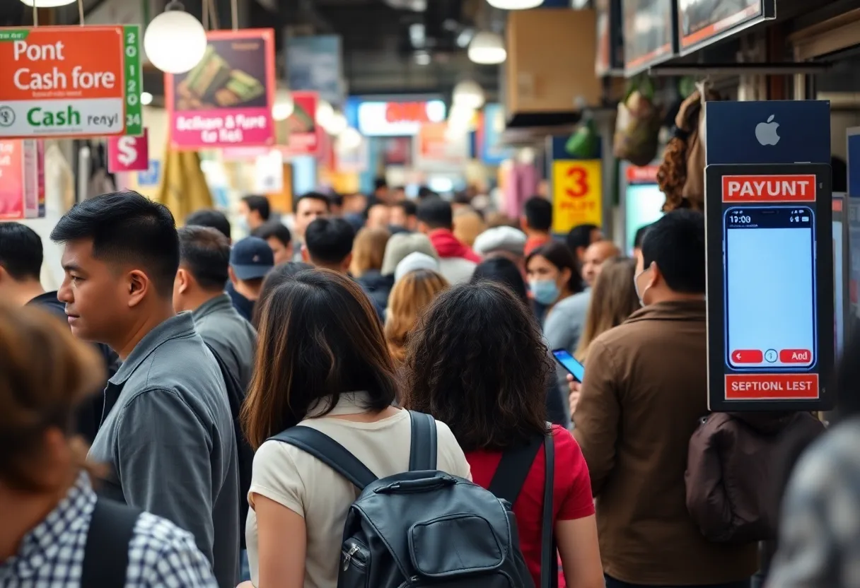 Marketplace showcasing both cash and digital payment options in New York.