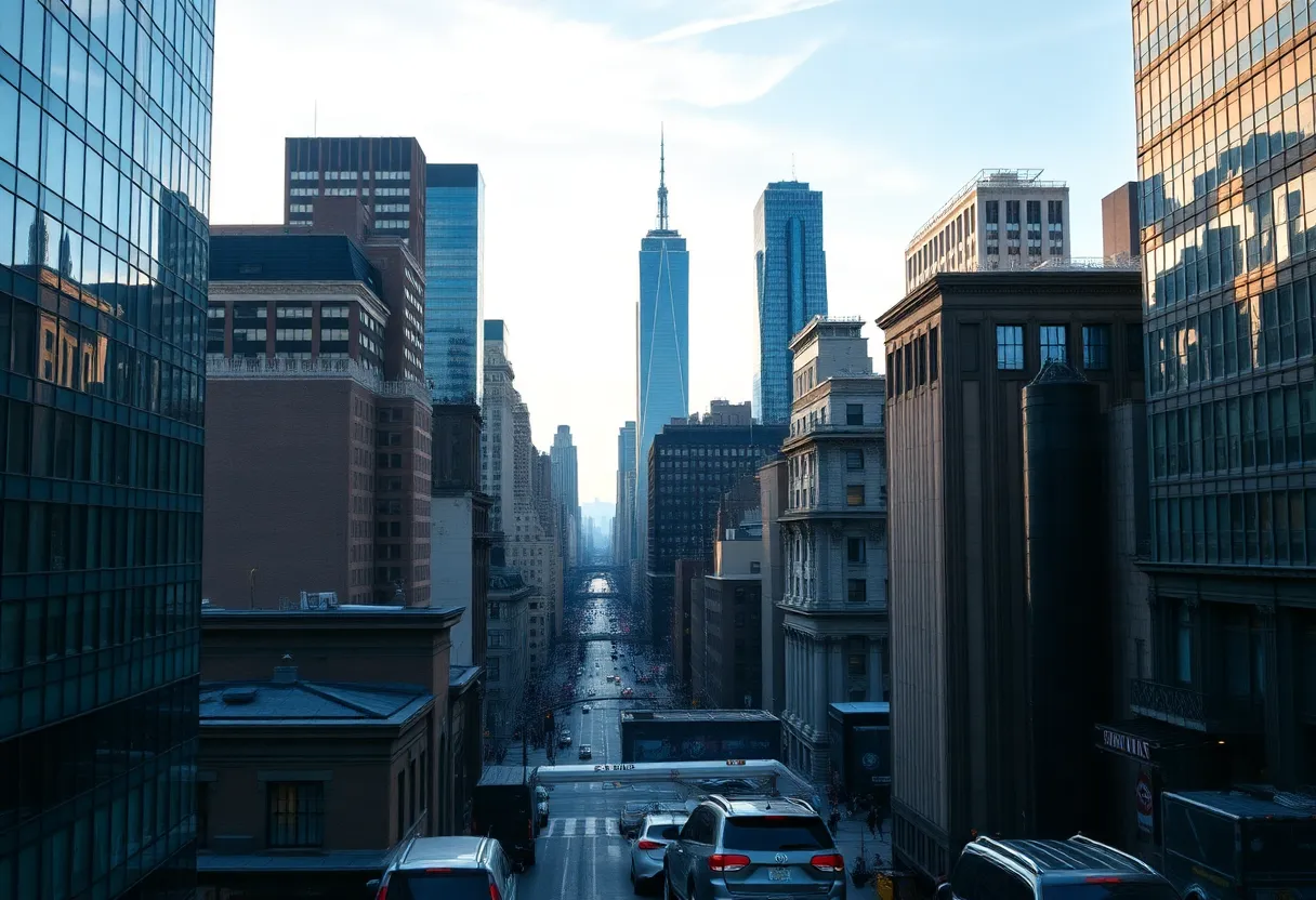 Skyline of New York City showcasing financial buildings.