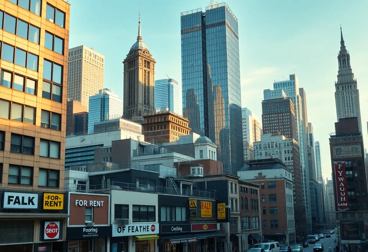 A busy New York street with shops and signs indicating high commercial rents.