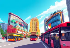 Conceptual image of three casinos in New York City with transportation.