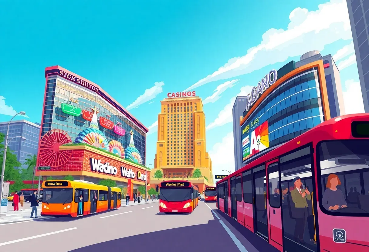 Conceptual image of three casinos in New York City with transportation.