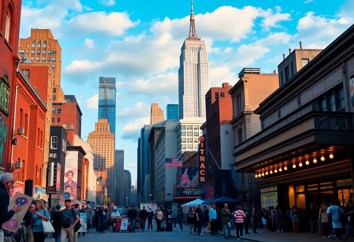 A scenic view of New York City featuring artists and performers in various creative fields.