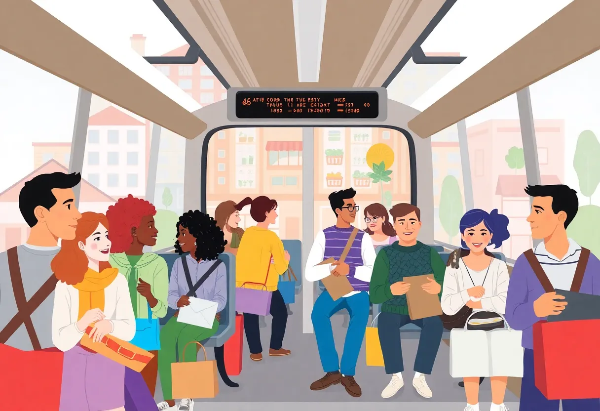 Illustration of diverse community engaged in public transportation and affordable living