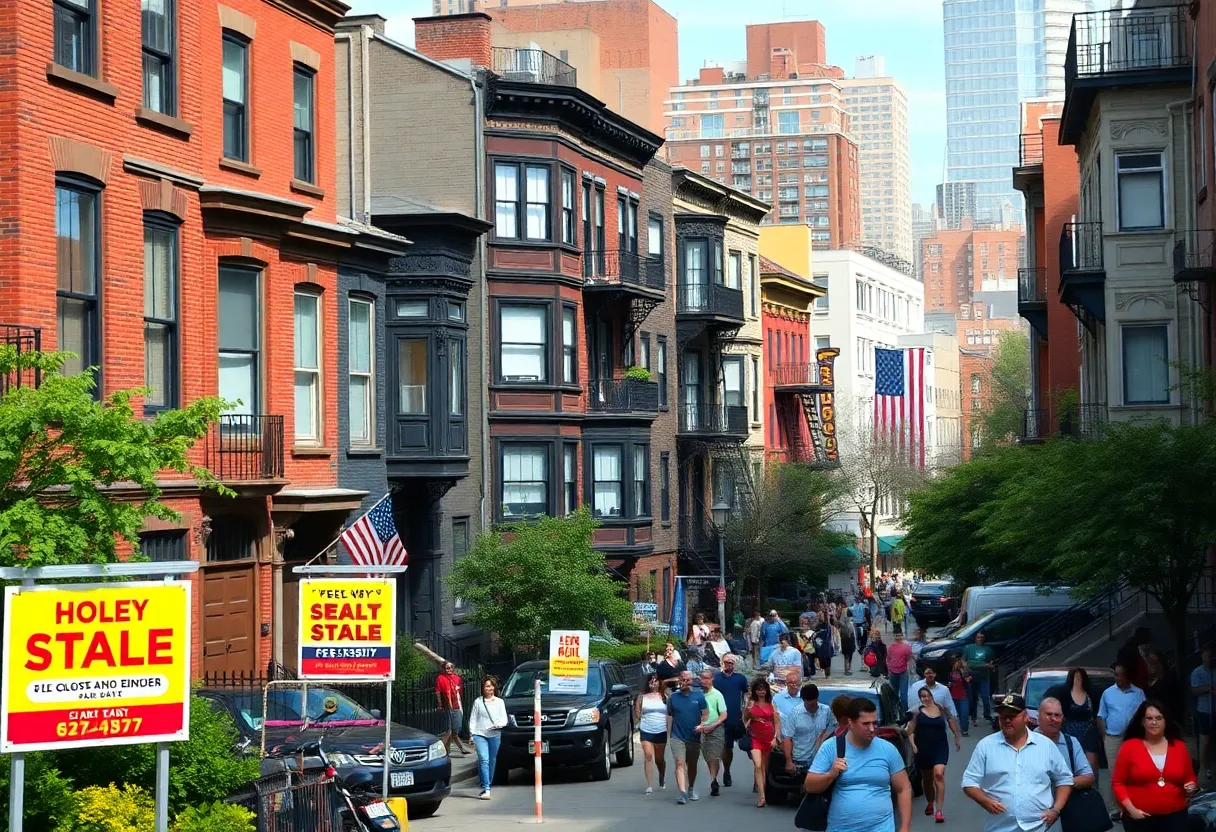Residential buildings in New York City with for sale signs.