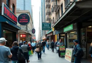A busy shopping street in New York City with local shops and consumers.