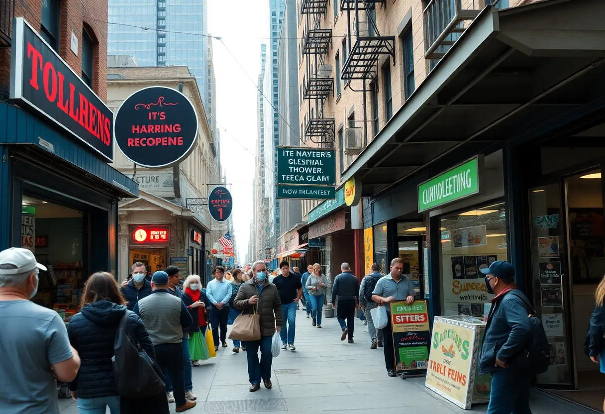 A busy shopping street in New York City with local shops and consumers.