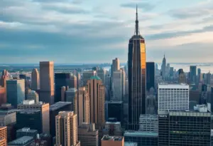 Panoramic view of the New York City skyline with corporate buildings