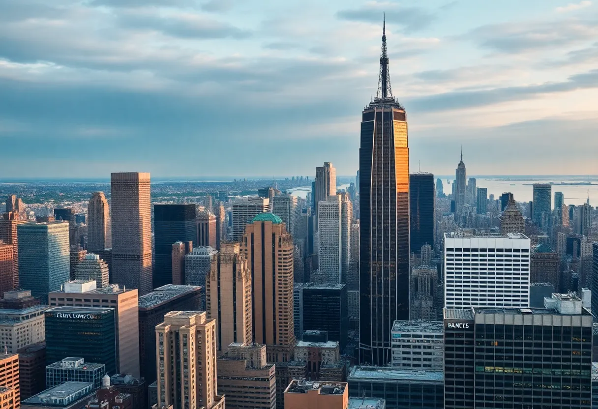 Panoramic view of the New York City skyline with corporate buildings