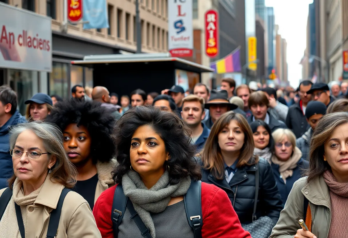 Diverse group of New Yorkers on the street reflecting various emotions.