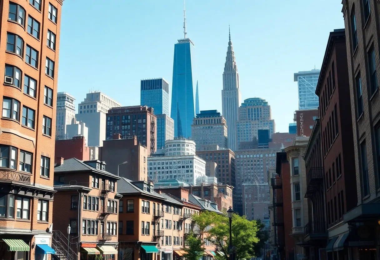 Cityscape of New York City depicting urban life and small businesses
