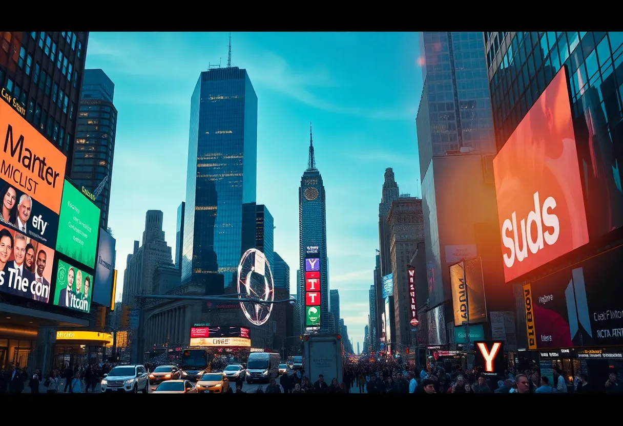 A digital representation of New York City with cryptocurrency symbols