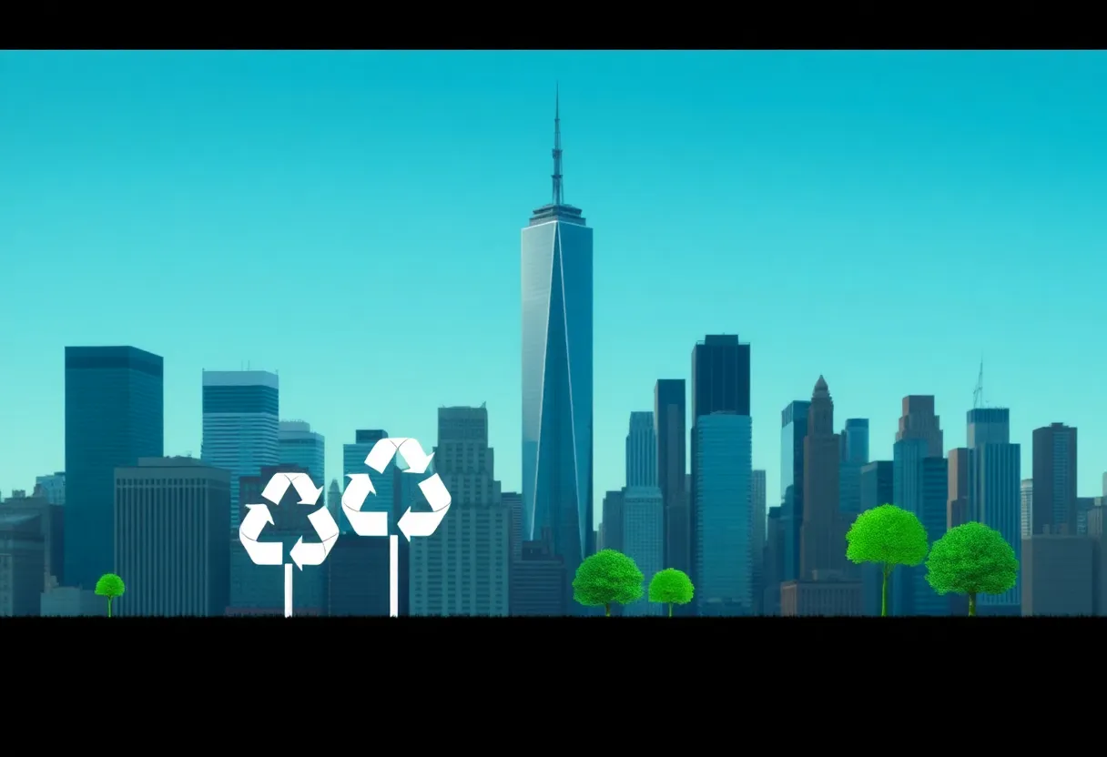 An artistic depiction of New York City skyline with green and recycling symbols to represent environmental conservation.