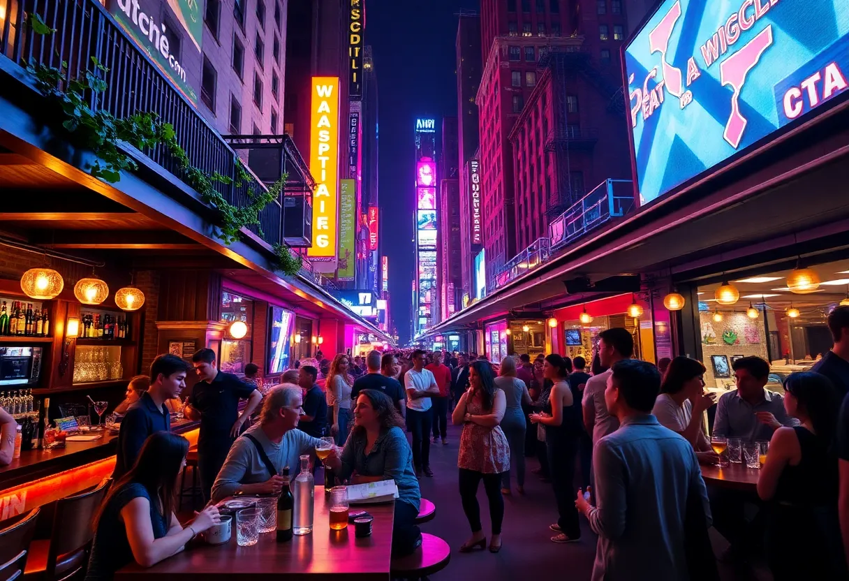 Vibrant nightlife scene in New York City with people enjoying drinks