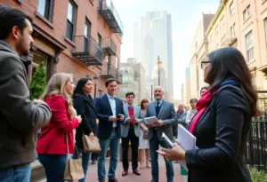 Open house event in New York City with prospective buyers and realtors.