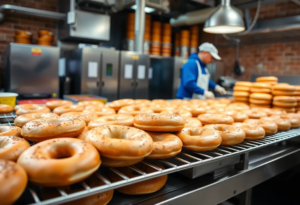 View of New Yorker Wholesale Bagels factory in Queens with bagels being produced