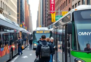 New Yorkers using public transportation in a busy urban setting.