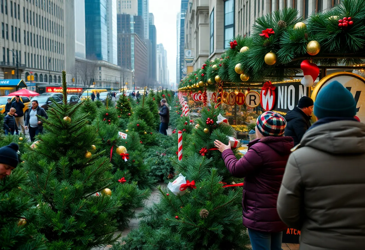 Vendors in New York City selling Christmas trees in a vibrant market.
