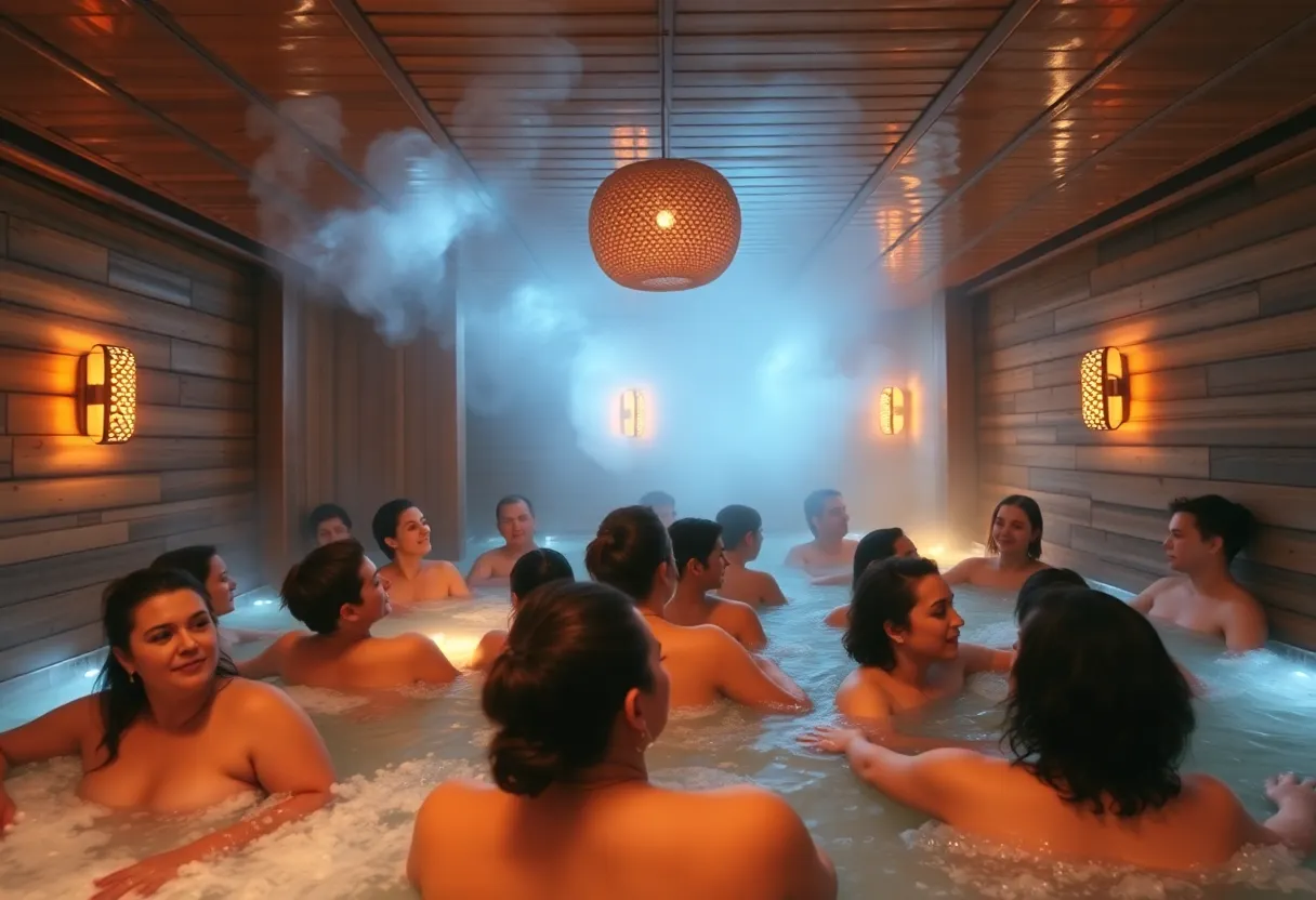 Group of people enjoying a relaxing day at a communal spa in New York City, engaged in sauna parties and wellness activities.
