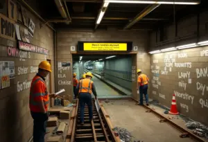 Construction workers building a subway station in New York City.
