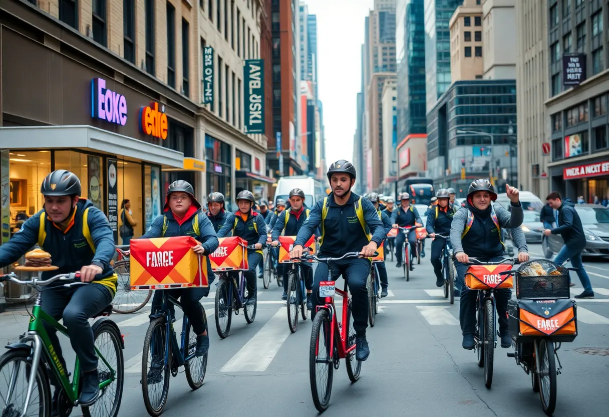 Food delivery workers riding bikes in NYC