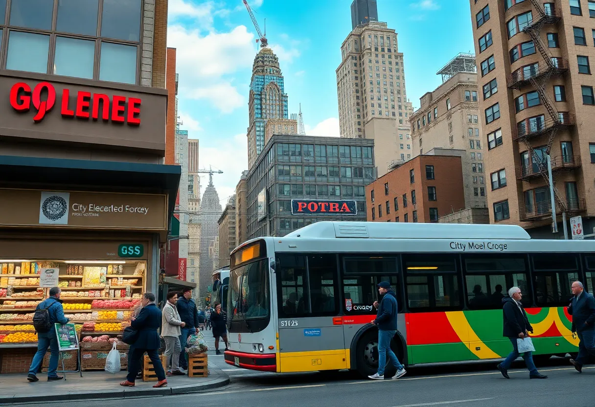A vibrant urban scene depicting New York City with grocery stores and public buses.