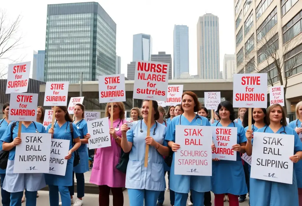 Nurses picketing for better pay and benefits outside a hospital