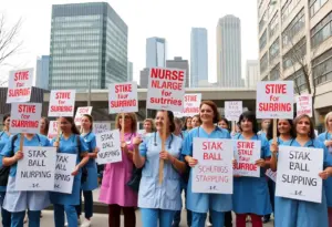 Nurses picketing for better pay and benefits outside a hospital