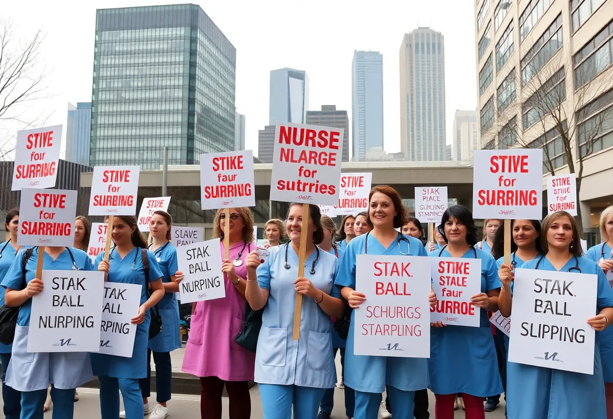 Nurses picketing for better pay and benefits outside a hospital