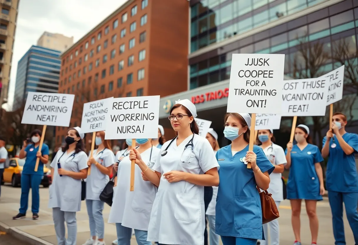 Nurses protesting outside a hospital in New York City
