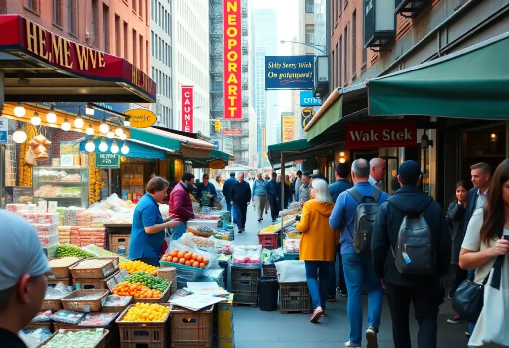 Diverse street vendors in New York City showcasing their products on a busy street.