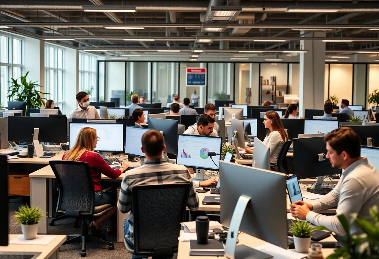 Employees collaborating in an office setting