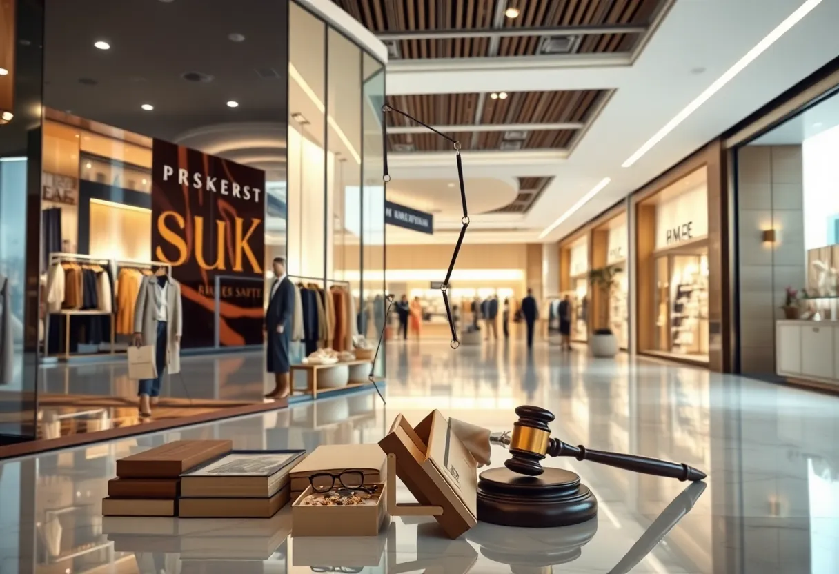 Conceptual image depicting Saks Global's bankruptcy and Amazon's legal action.