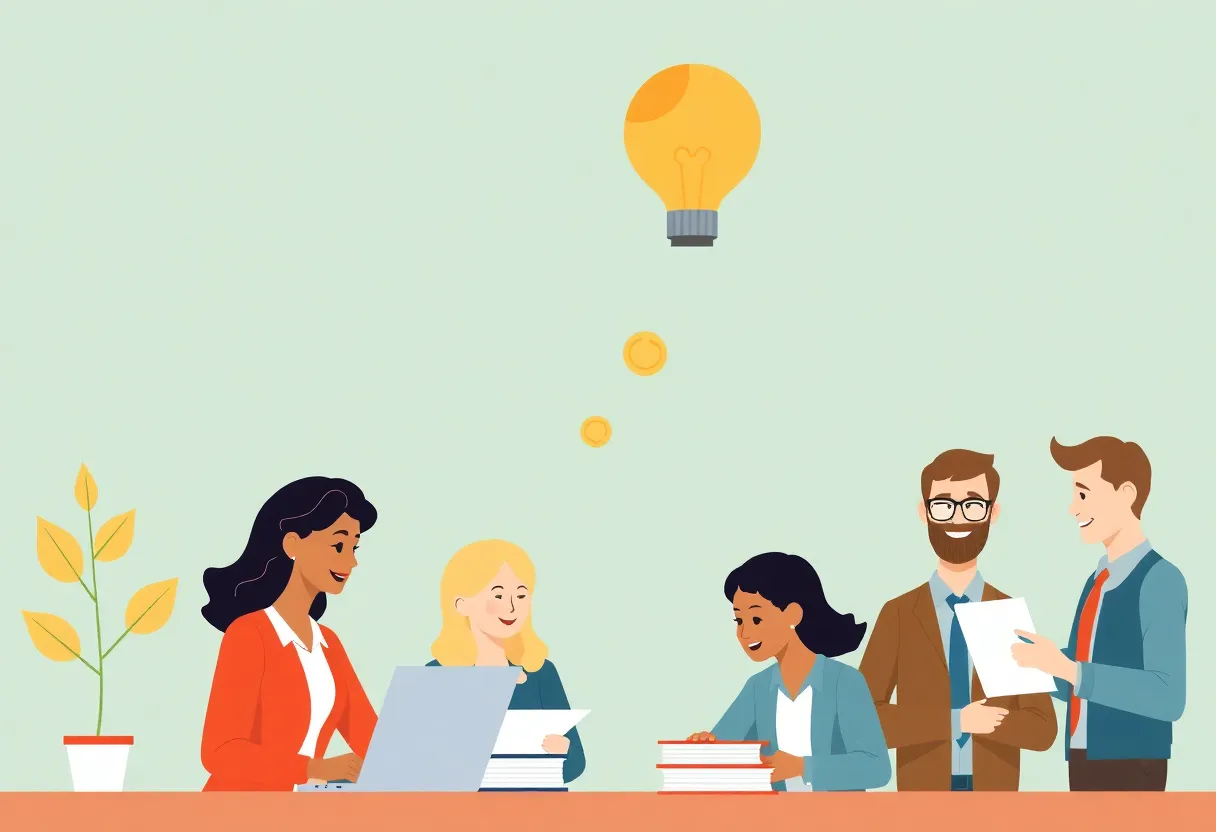 Illustration of a state retirement program concept with employees in an office.