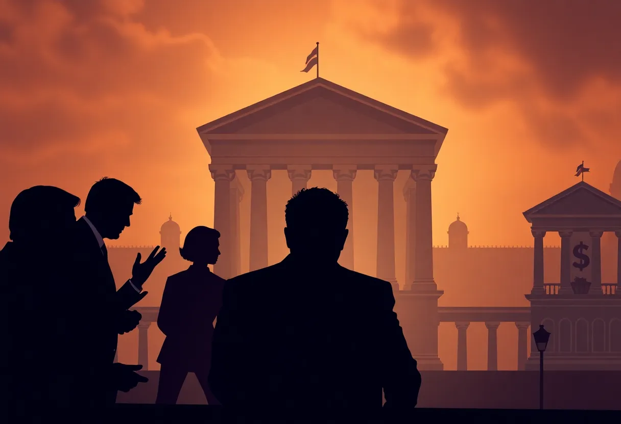 Dramatic depiction of banking executives in a tense environment.