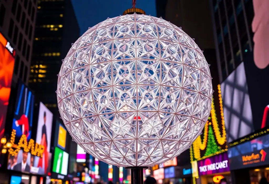 Illuminated Times Square New Year's Eve ball adorned with Waterford Crystal panels