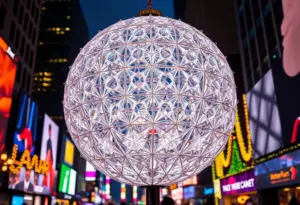 Illuminated Times Square New Year's Eve ball adorned with Waterford Crystal panels