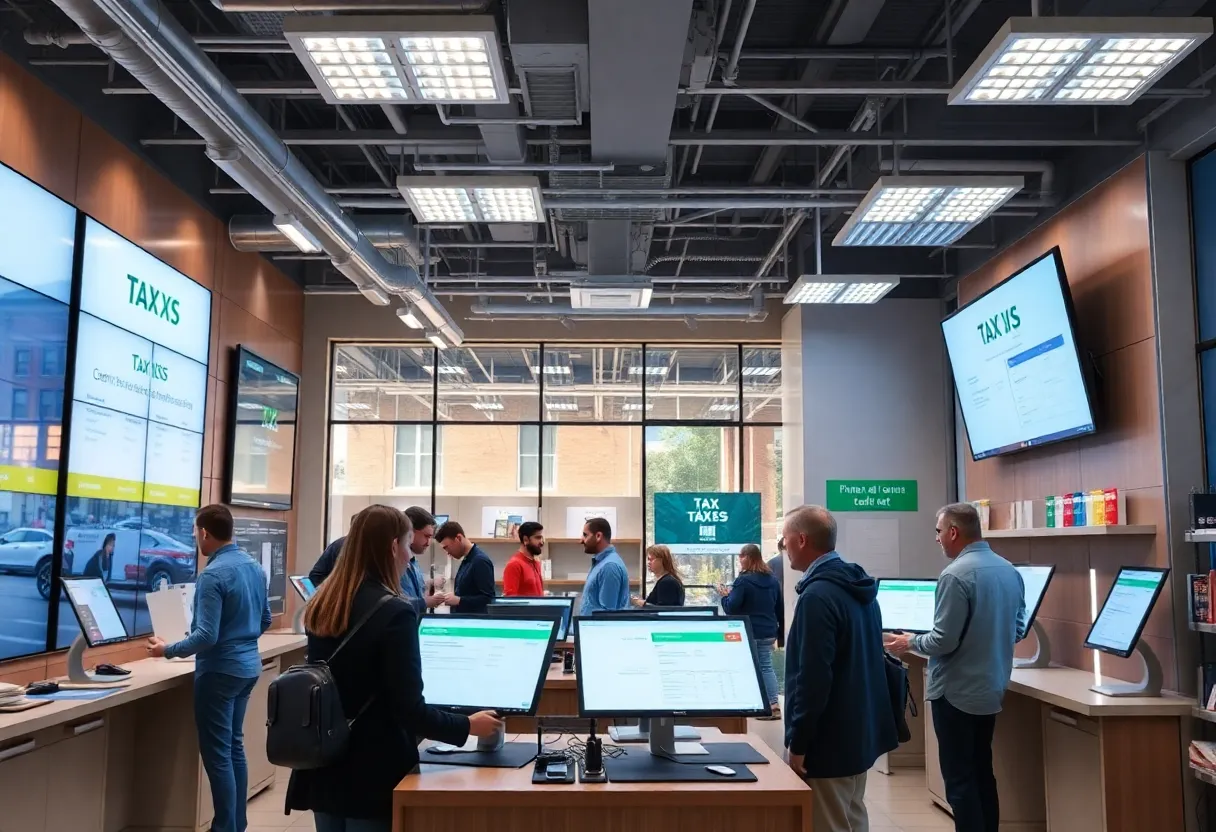 Interior view of Intuit's TurboTax store in SoHo, showcasing technology and tax preparation activities.