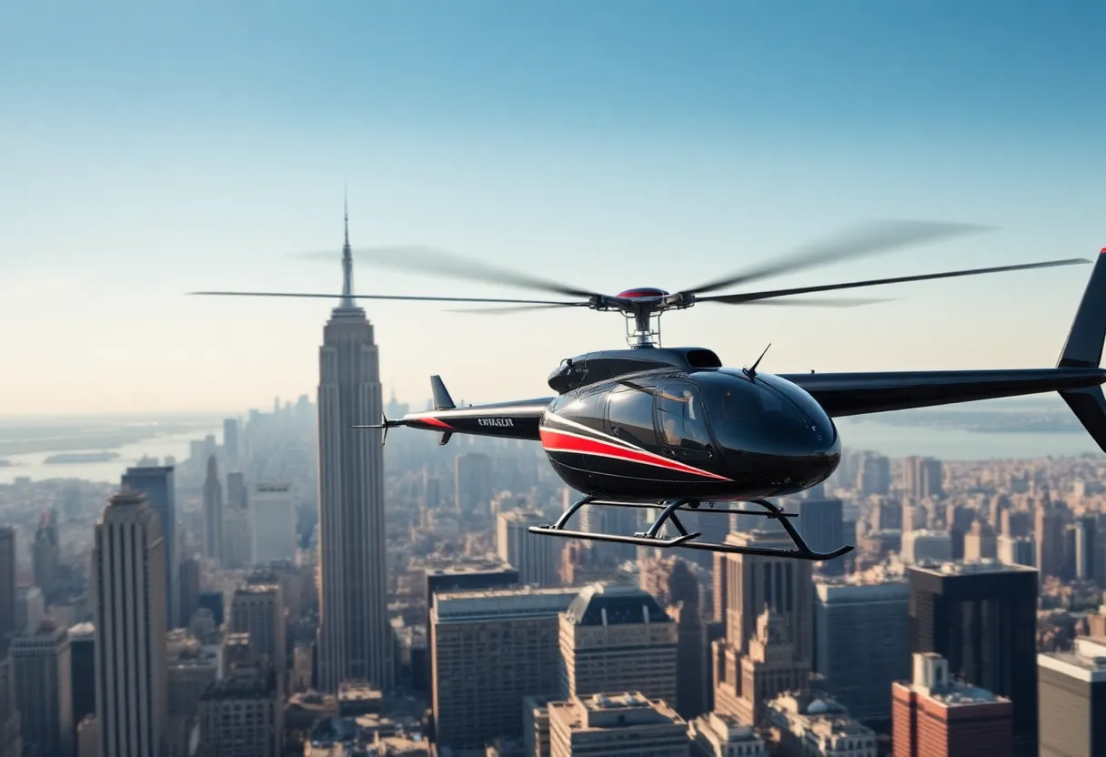 Helicopter flying over New York City skyline