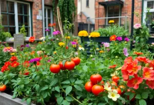 A New York garden filled with edible plants, showcasing tomatoes, herbs, and colorful flowers.
