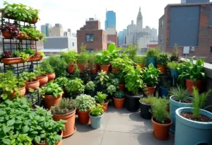 Rooftop garden in New York City featuring vertical and container gardening.