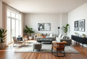 A beautifully designed urban living room with large windows and open space.