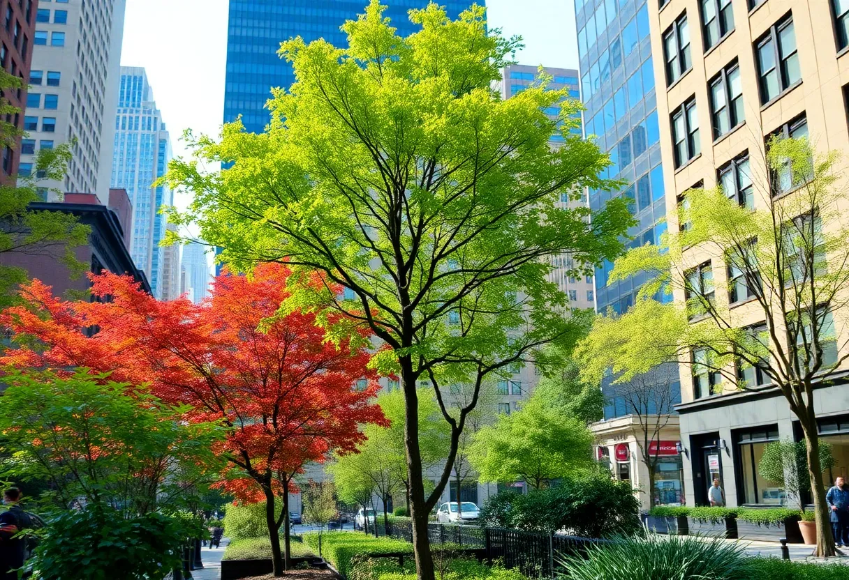 A variety of trees in an urban New York City setting.