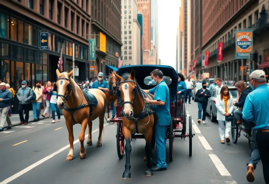 Veterinarians inspecting horse-drawn carriages in New York City