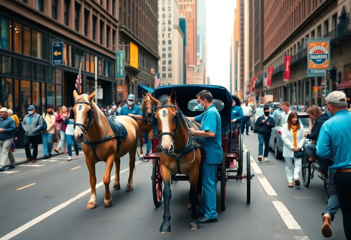 Veterinarians inspecting horse-drawn carriages in New York City