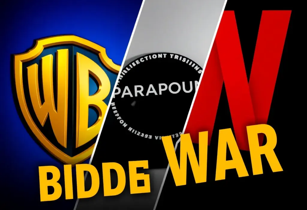 Representation of Warner Bros. Discovery's acquisition bids with logos of Paramount and Netflix.