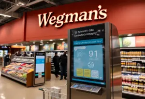 Signage indicating biometric data collection at a Wegmans store in NYC.